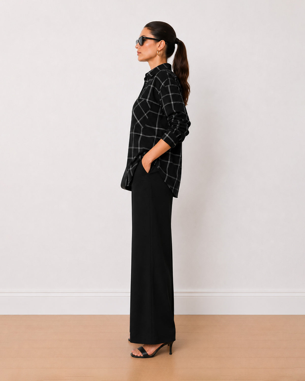 Alivia black checks cotton oversized shirt side profile with full sleeves
