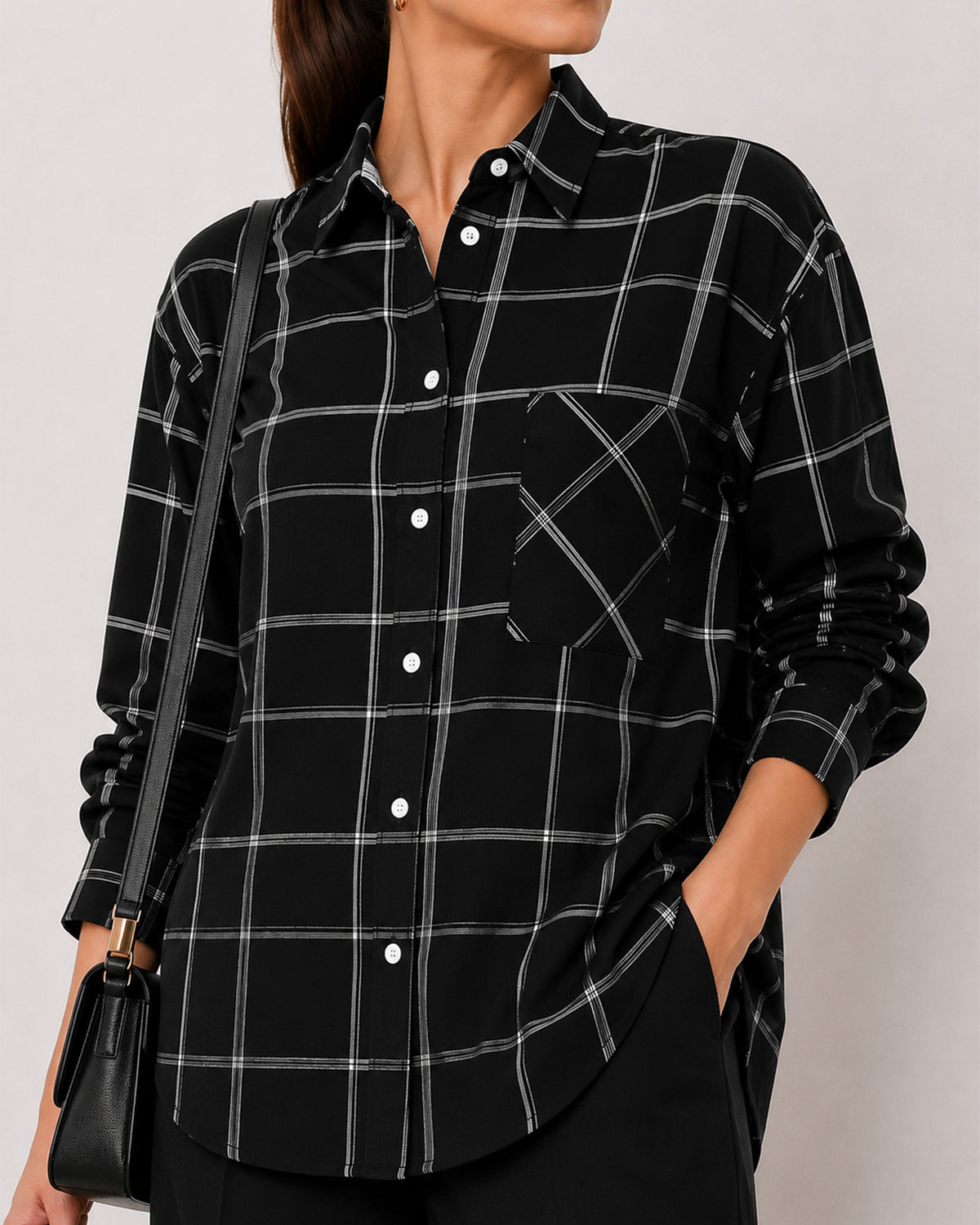 Alivia black checks cotton shirt waist up front with the large checks and curved hem