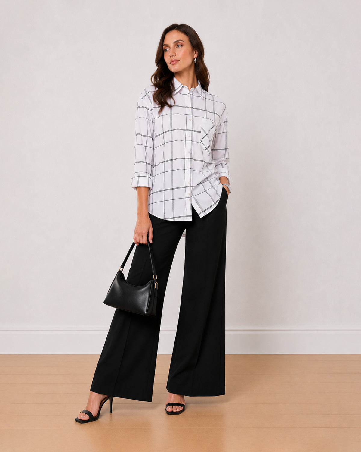 Alivia white and black checked 100% cotton oversized shirt, angled front view