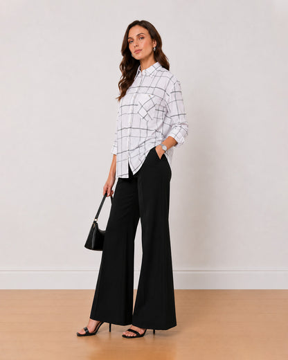 Alivia white checks cotton oversized shirt, angled view with the relaxed silhouette