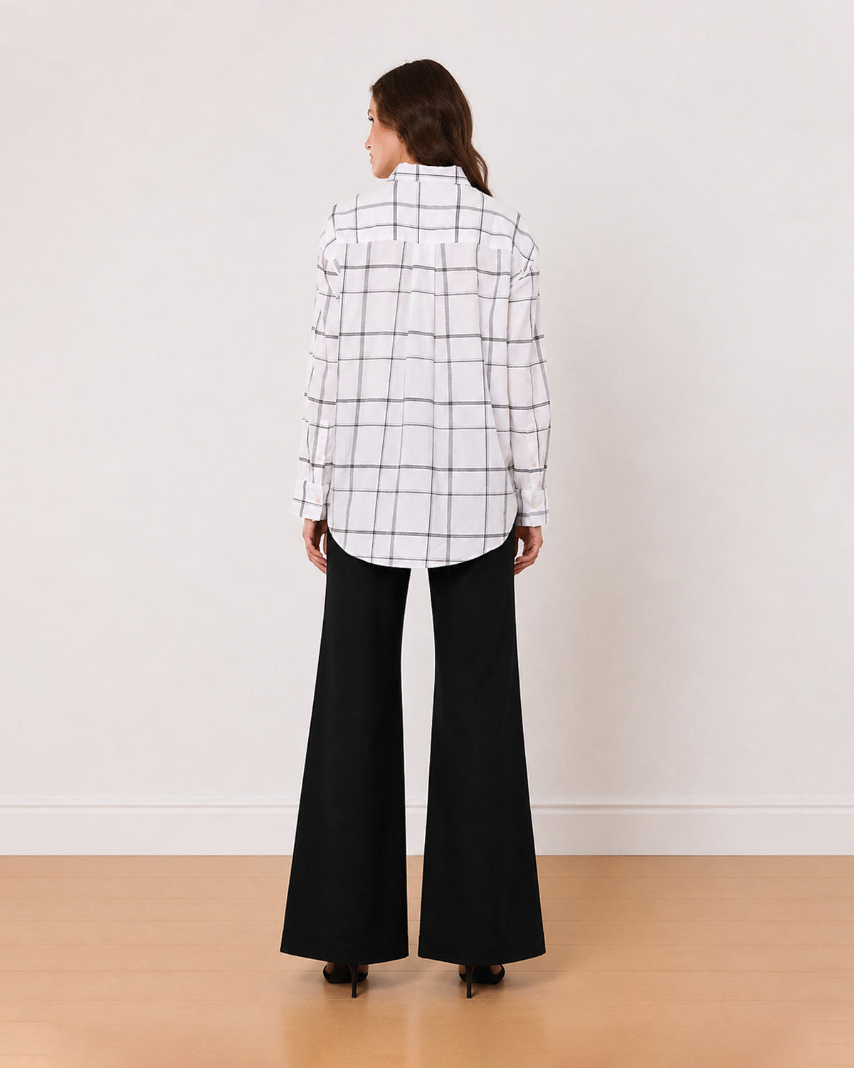 Alivia white checks 100% cotton oversized shirt back view with the long length