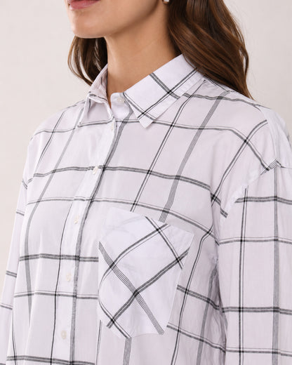 Alivia white checks shirt collar, patch pocket and the hidden dignity buttons