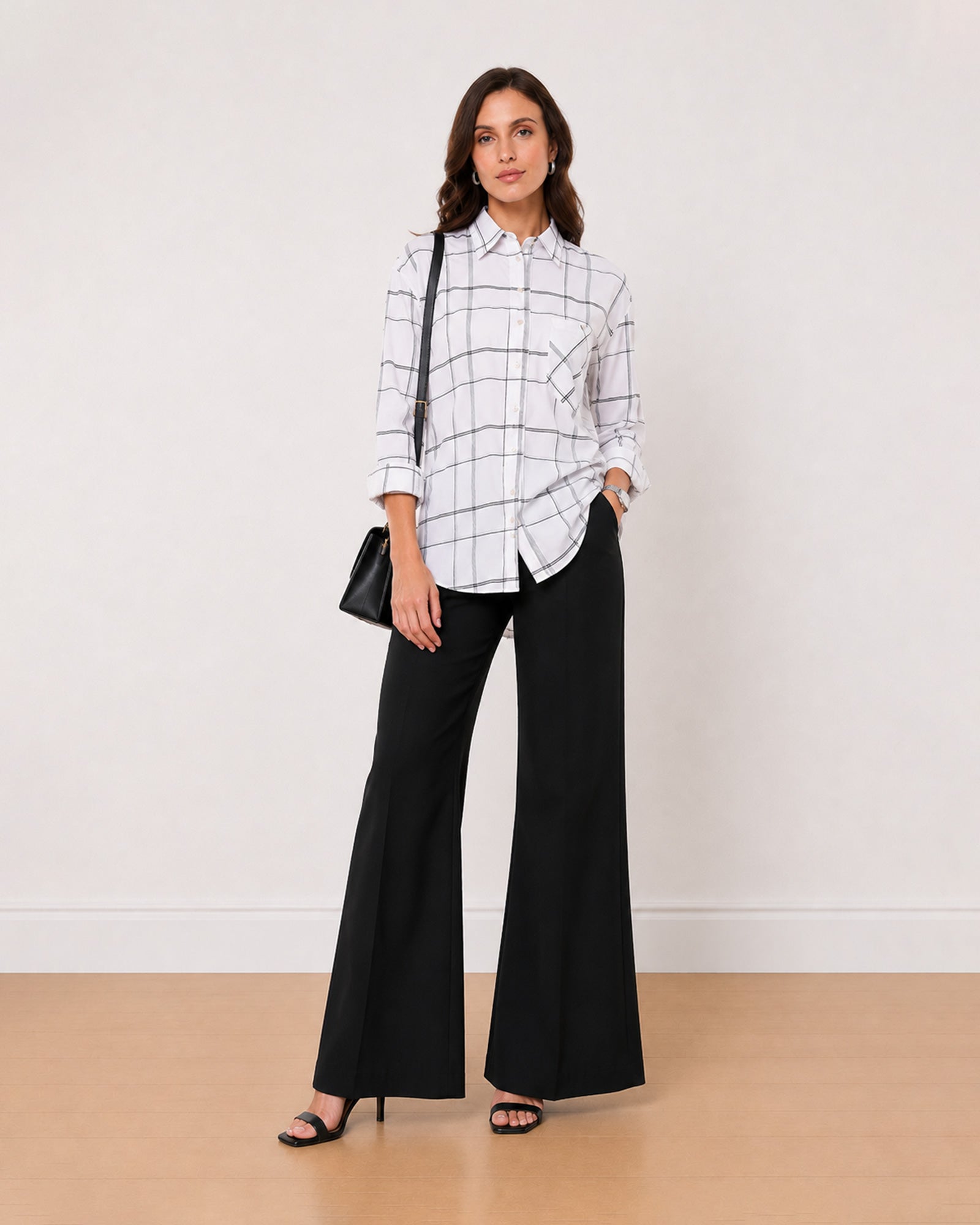 Gazillion Alivia white checks 100% cotton oversized shirt for women, full length front