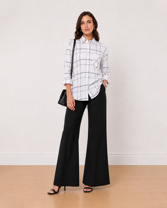 Gazillion Alivia white checks 100% cotton oversized shirt for women, full length front