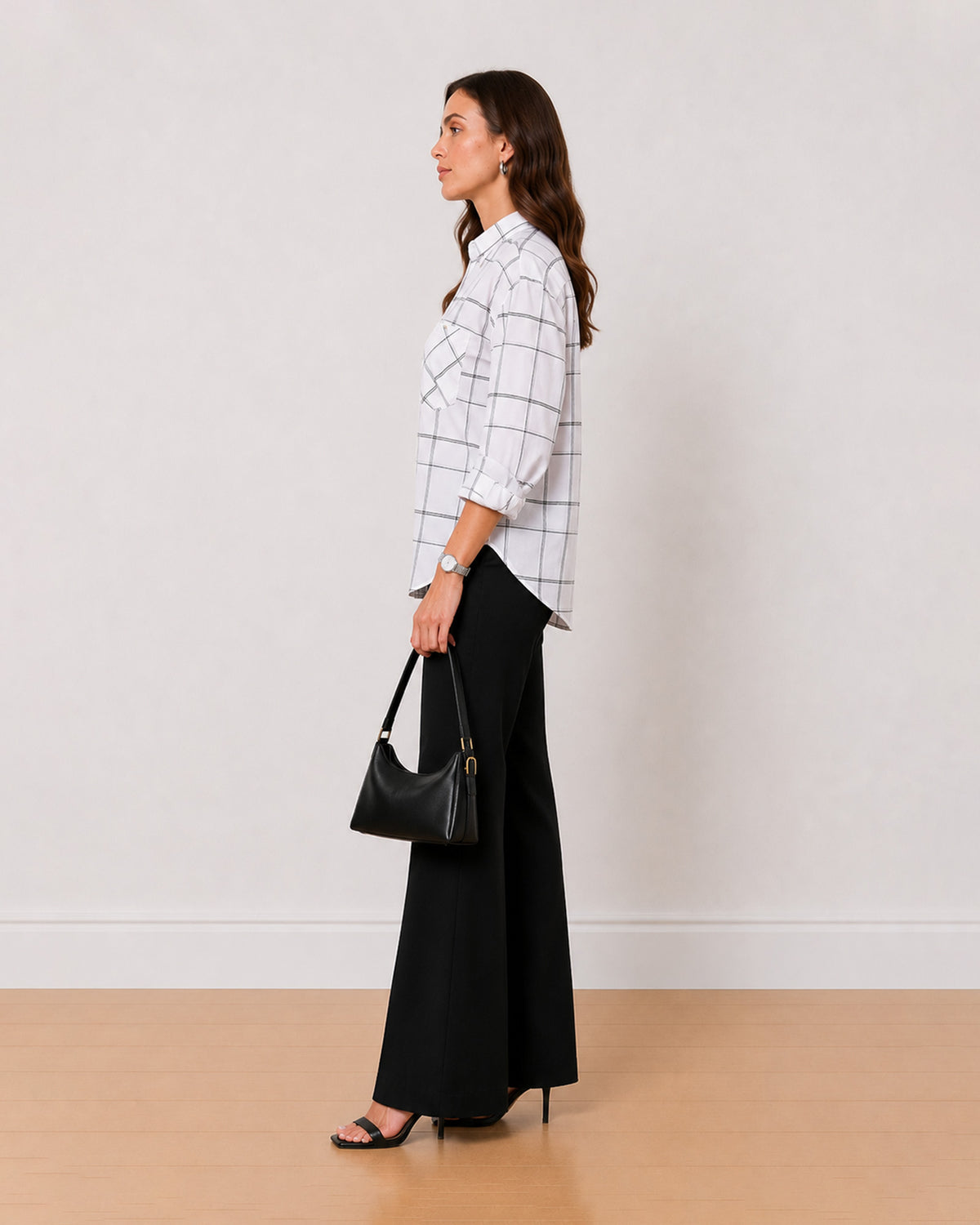 Alivia white checks cotton oversized shirt side profile with full sleeves