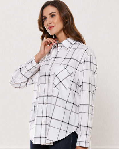 Alivia white checks cotton shirt waist up angled with the large yarn dyed checks