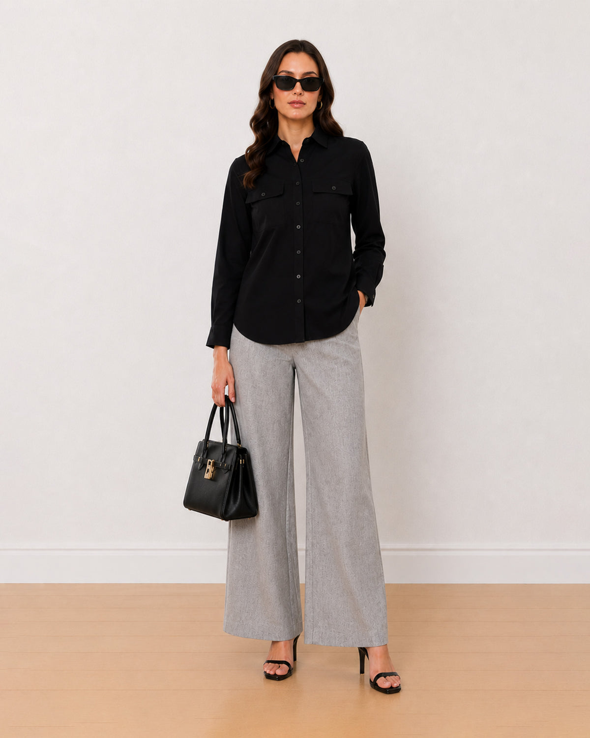 Gazillion Allaya black denim utility shirt for women, full length front view