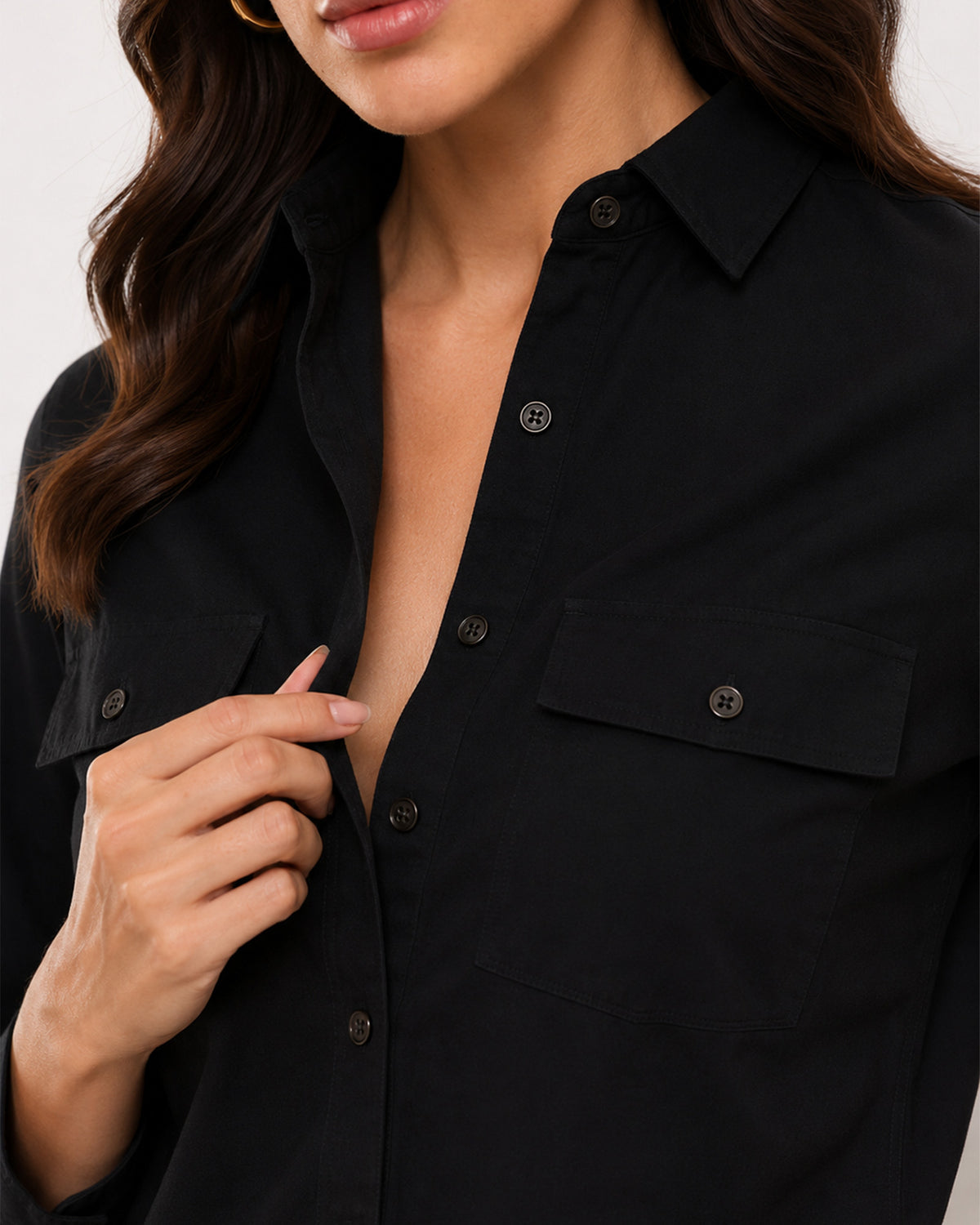 Allaya black denim shirt placket, utility pocket and the hidden dignity buttons