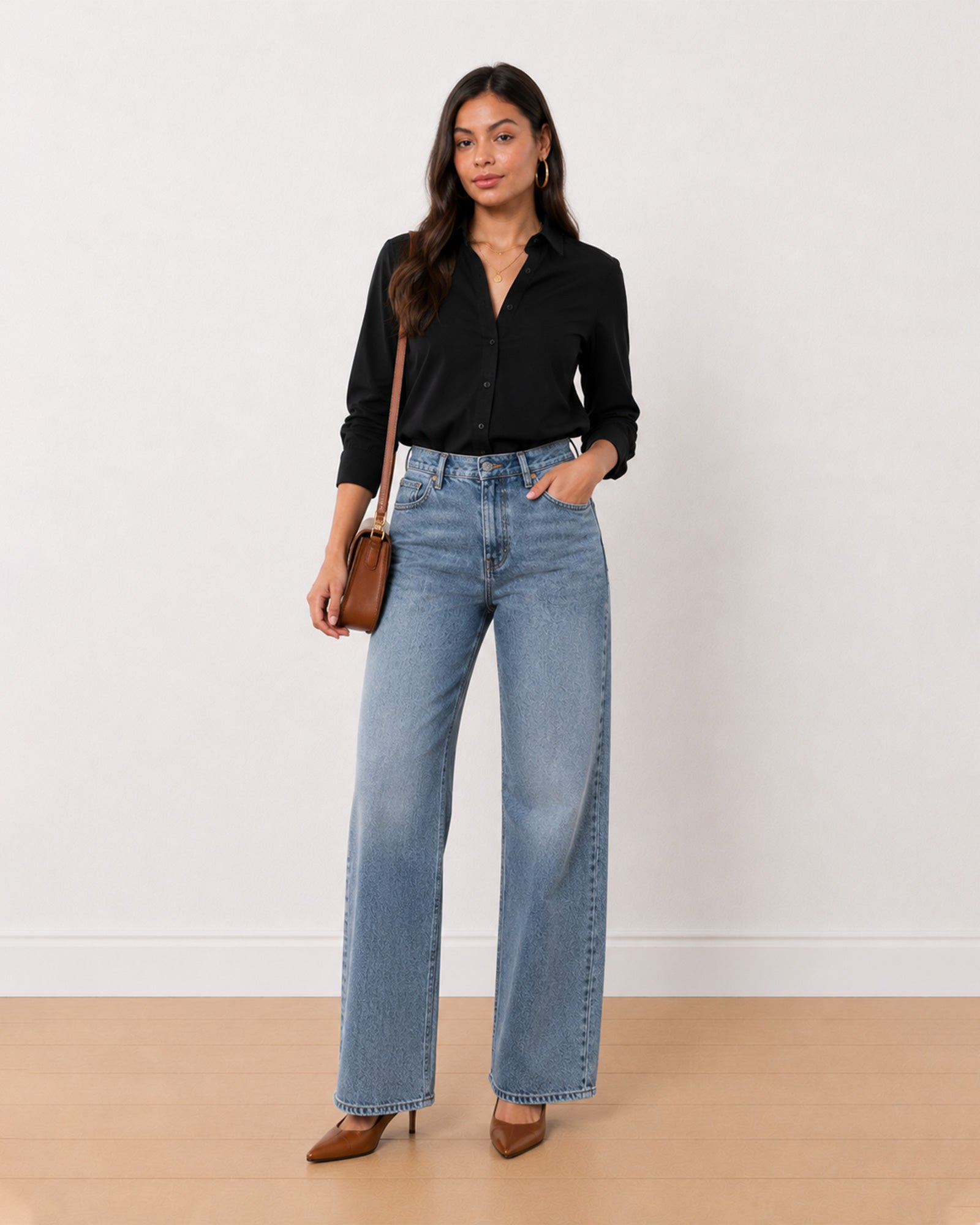 Gazillion Allison black denim longline shirt for women, full length front view