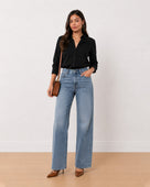 Gazillion Allison black denim longline shirt for women, full length front view