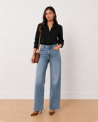 Gazillion Allison black denim longline shirt for women, full length front view