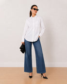 Alma pristine white 100% Giza cotton oversized shirt, angled front view