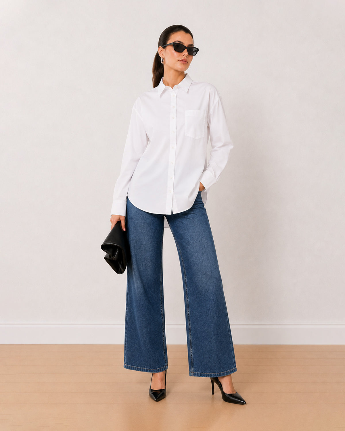 Alma pristine white 100% Giza cotton oversized shirt, angled front view