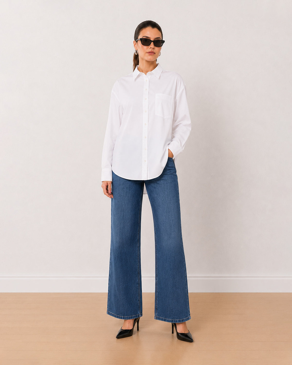 Gazillion Alma pristine white 100% Giza cotton oversized shirt for women, front view