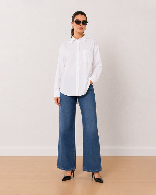 Gazillion Alma pristine white 100% Giza cotton oversized shirt for women, front view