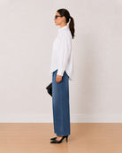 Alma white Giza cotton oversized shirt side profile with the relaxed fit