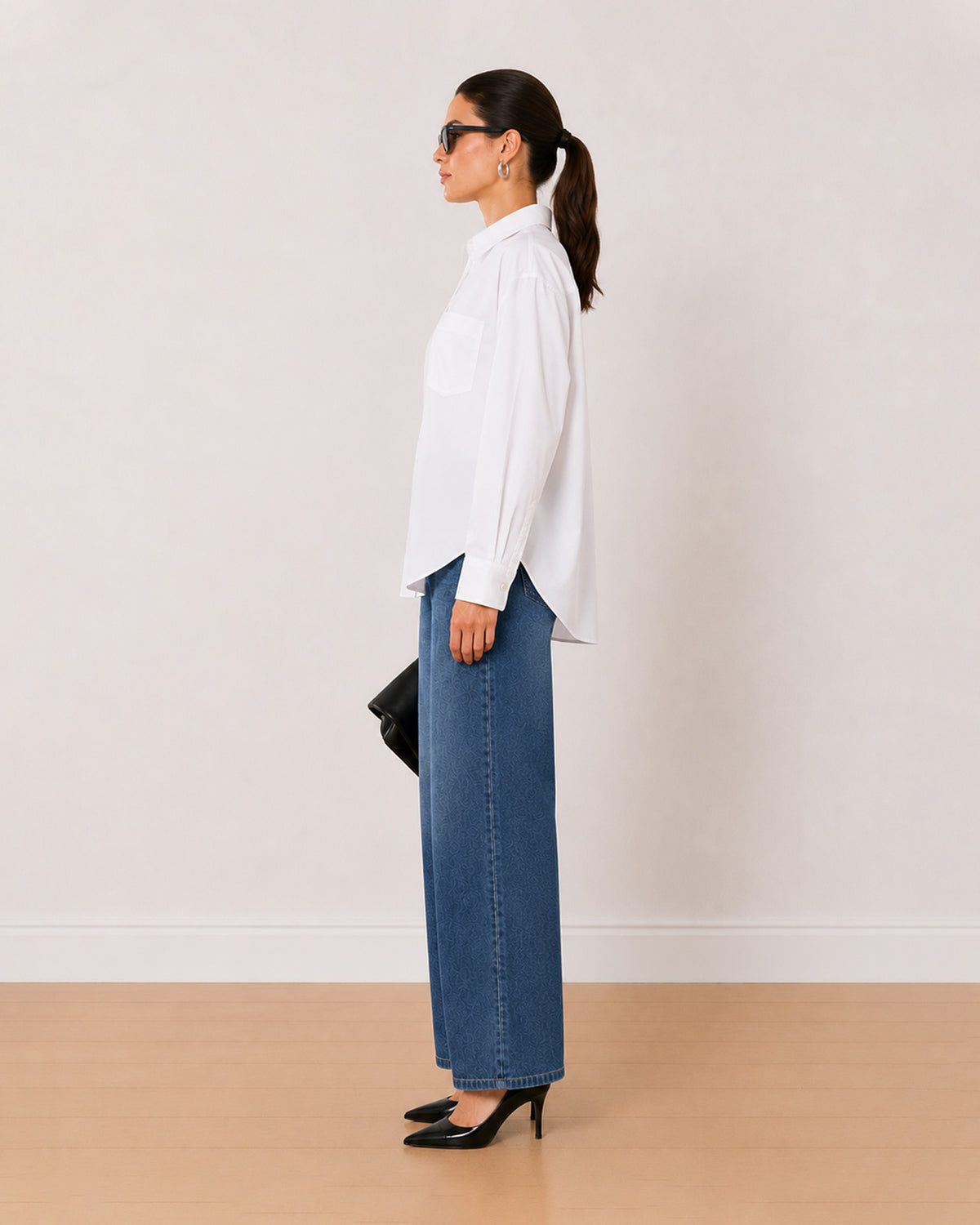 Alma white Giza cotton oversized shirt side profile with the relaxed fit