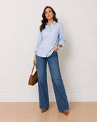 Alma sky blue 100% Giza cotton oversized shirt, angled front view