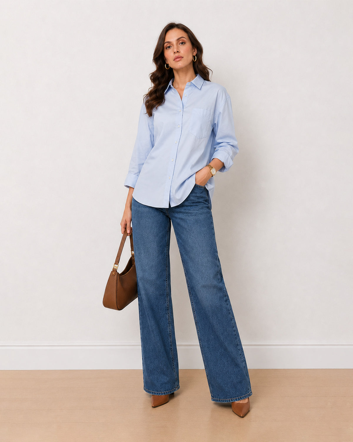 Alma sky blue 100% Giza cotton oversized shirt, angled front view