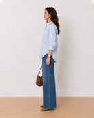 Alma sky blue Giza cotton oversized shirt side profile with the luxurious shine