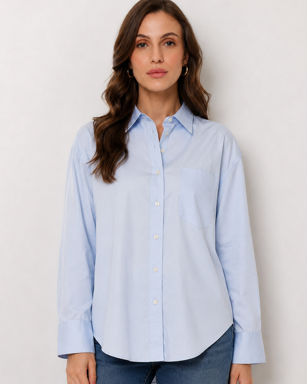 Alma sky blue Giza cotton oversized shirt waist up front with the curved hem