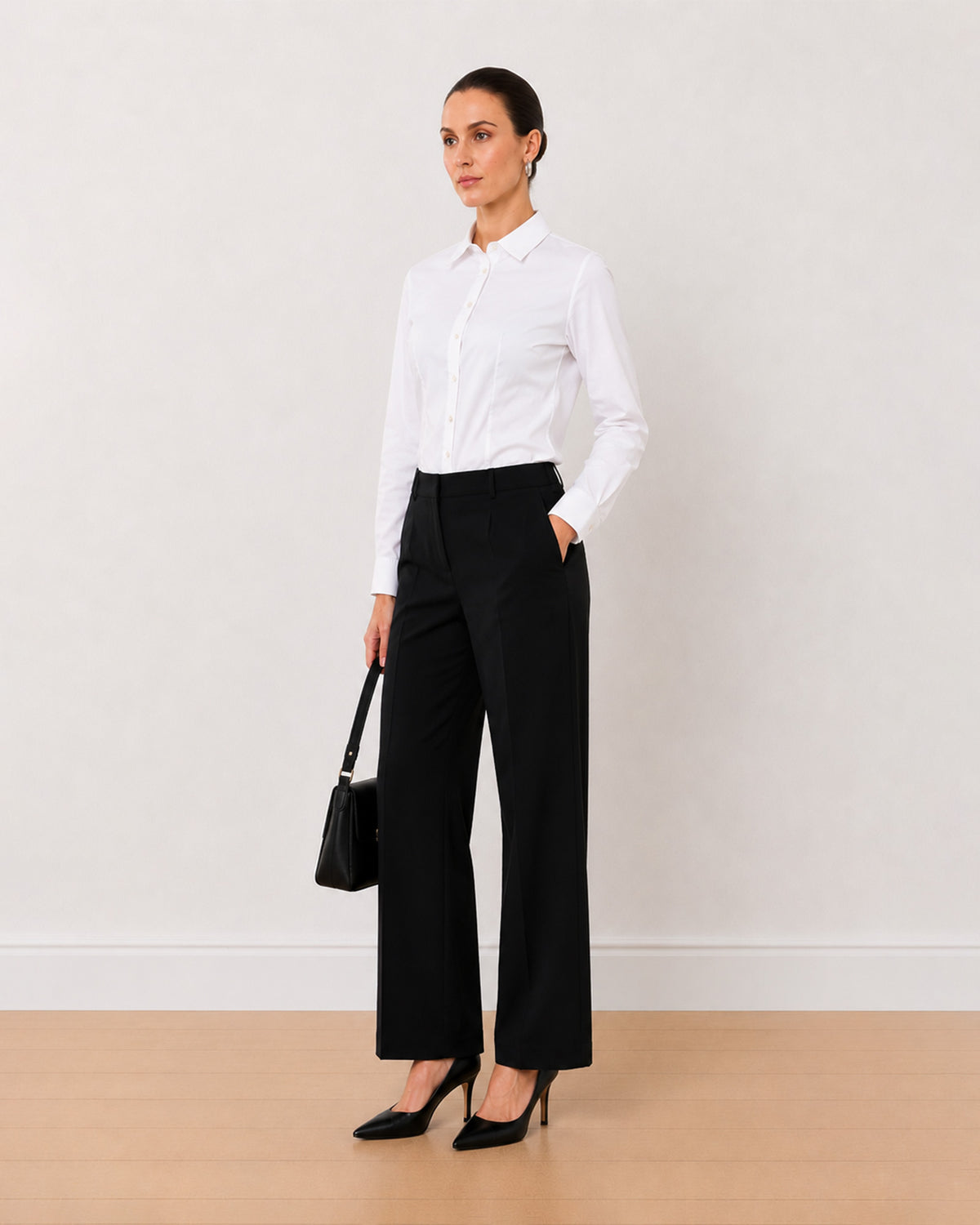 Alora pristine white 100% Giza cotton formal shirt, angled front view