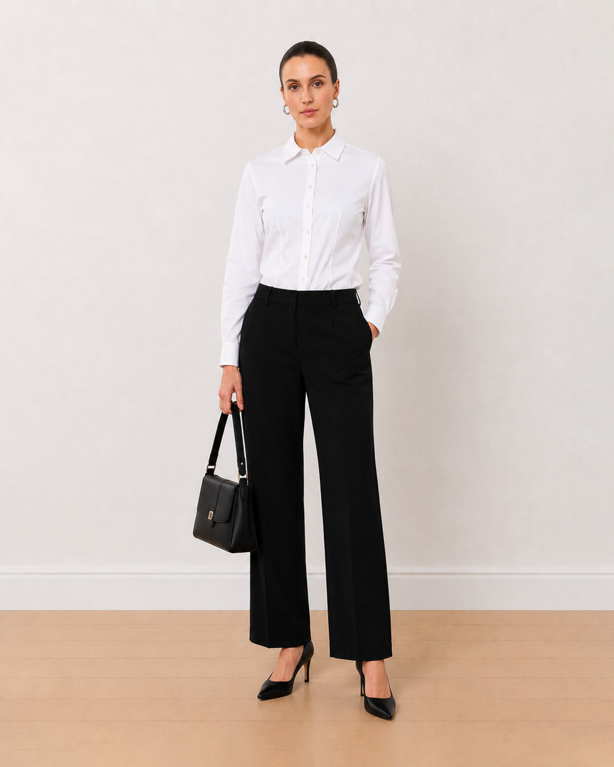 Gazillion Alora pristine white 100% cotton formal shirt for women, full length front