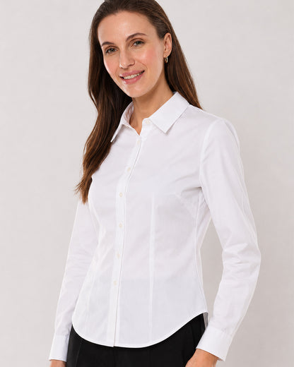 Alora white cotton shirt waist up angled with the snug fit and curved hem