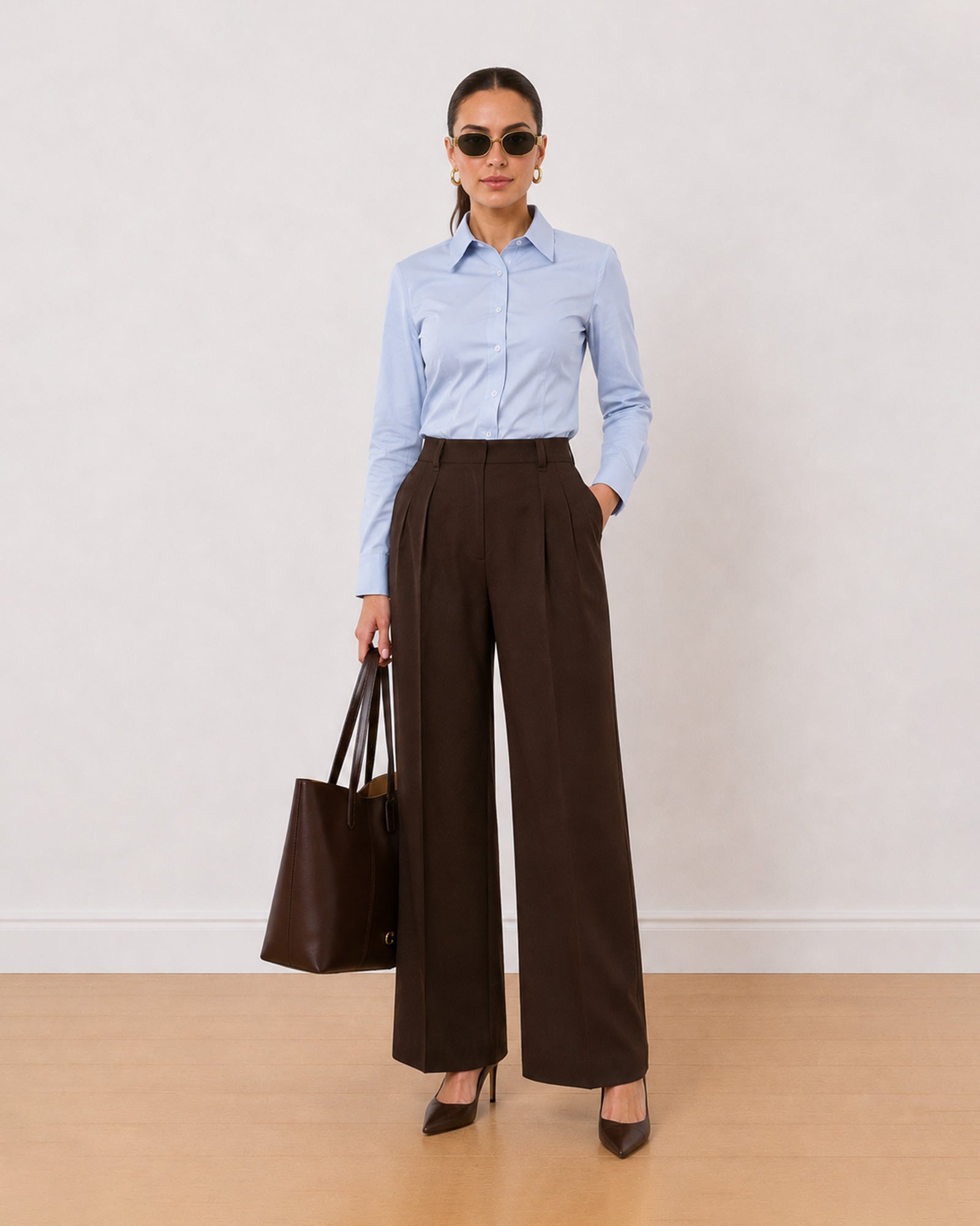 Gazillion Alora sky blue 100% cotton formal shirt for women, full length front view