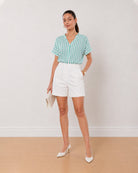 Gazillion Alva green and white striped 100% viscose formal top for women, front view