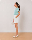 Alva green striped viscose formal top side profile with the short sleeves