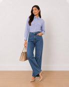 Alvina blue and white striped 100% cotton shirt, angled front view with full sleeves