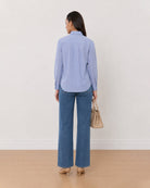 Alvina blue and white striped 100% cotton shirt back view with the long length