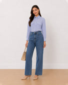 Gazillion Alvina blue and white striped 100% cotton utility shirt for women, front view
