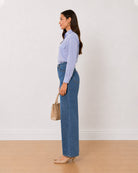 Alvina blue and white striped cotton shirt side profile with the curved hem
