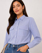 Alvina blue striped cotton shirt utility pocket close-up with the 2 flap pockets