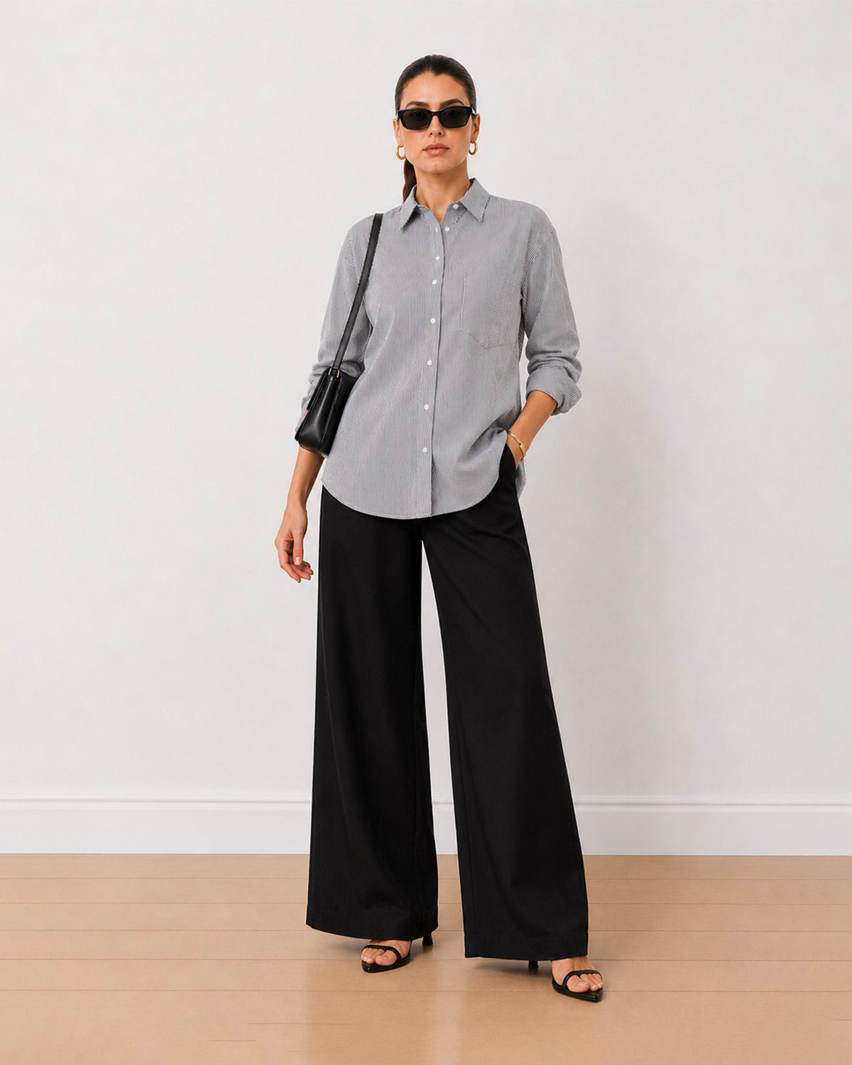 Gazillion Amayra black and white striped 100% cotton oversized shirt for women, front view
