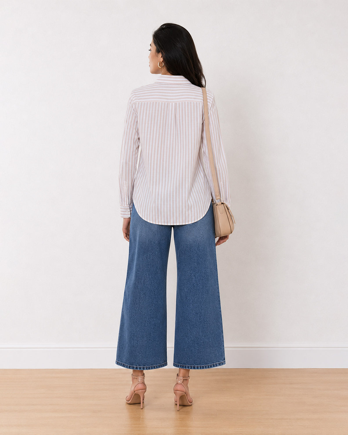 Amber beige and white striped cotton shirt back view with the centre back pleat