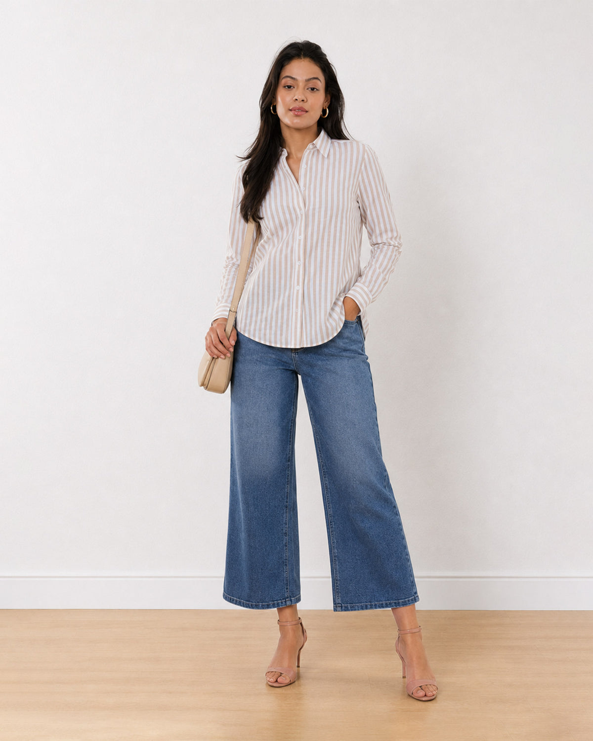 Gazillion Amber beige and white striped 100% cotton formal shirt for women, front view