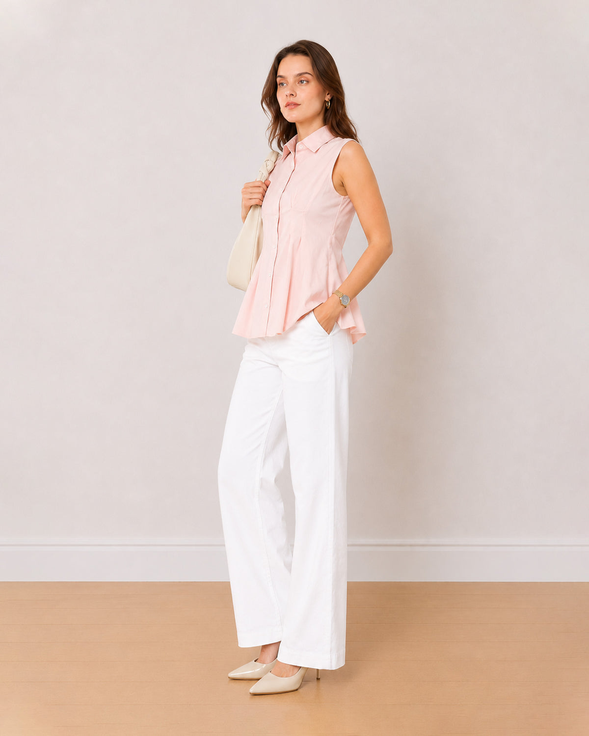 Amelia baby pink sleeveless stretch cotton poplin shirt, angled front view