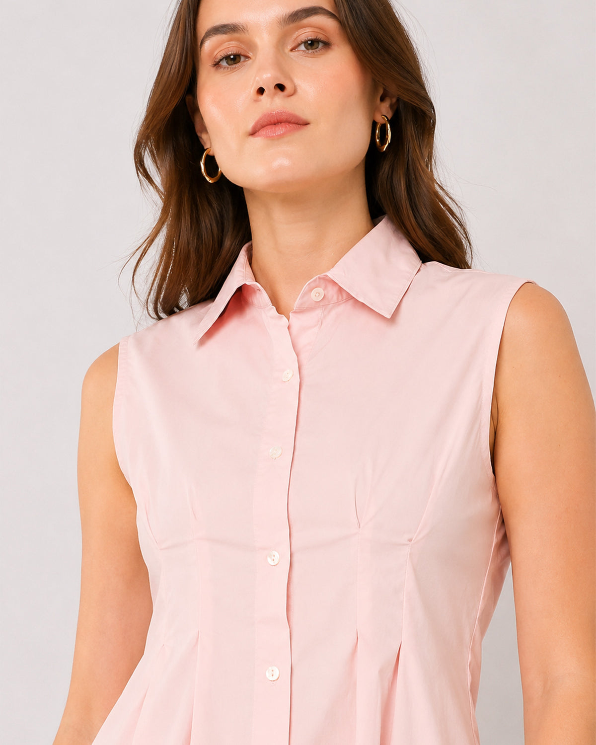 Amelia baby pink sleeveless shirt collar and placket with hidden dignity buttons