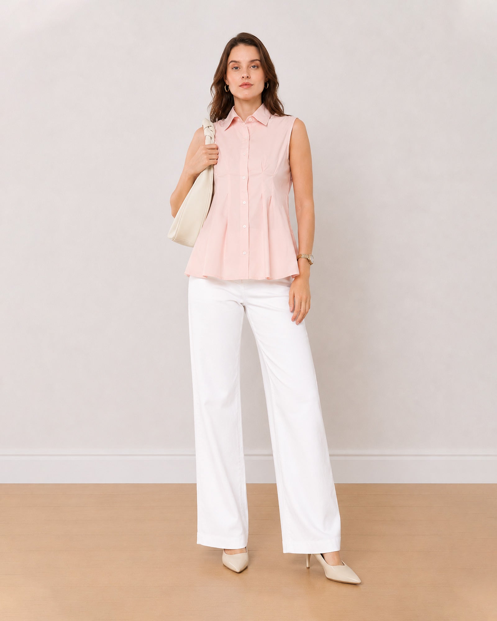 Gazillion Amelia baby pink sleeveless cotton formal shirt for women, full length front