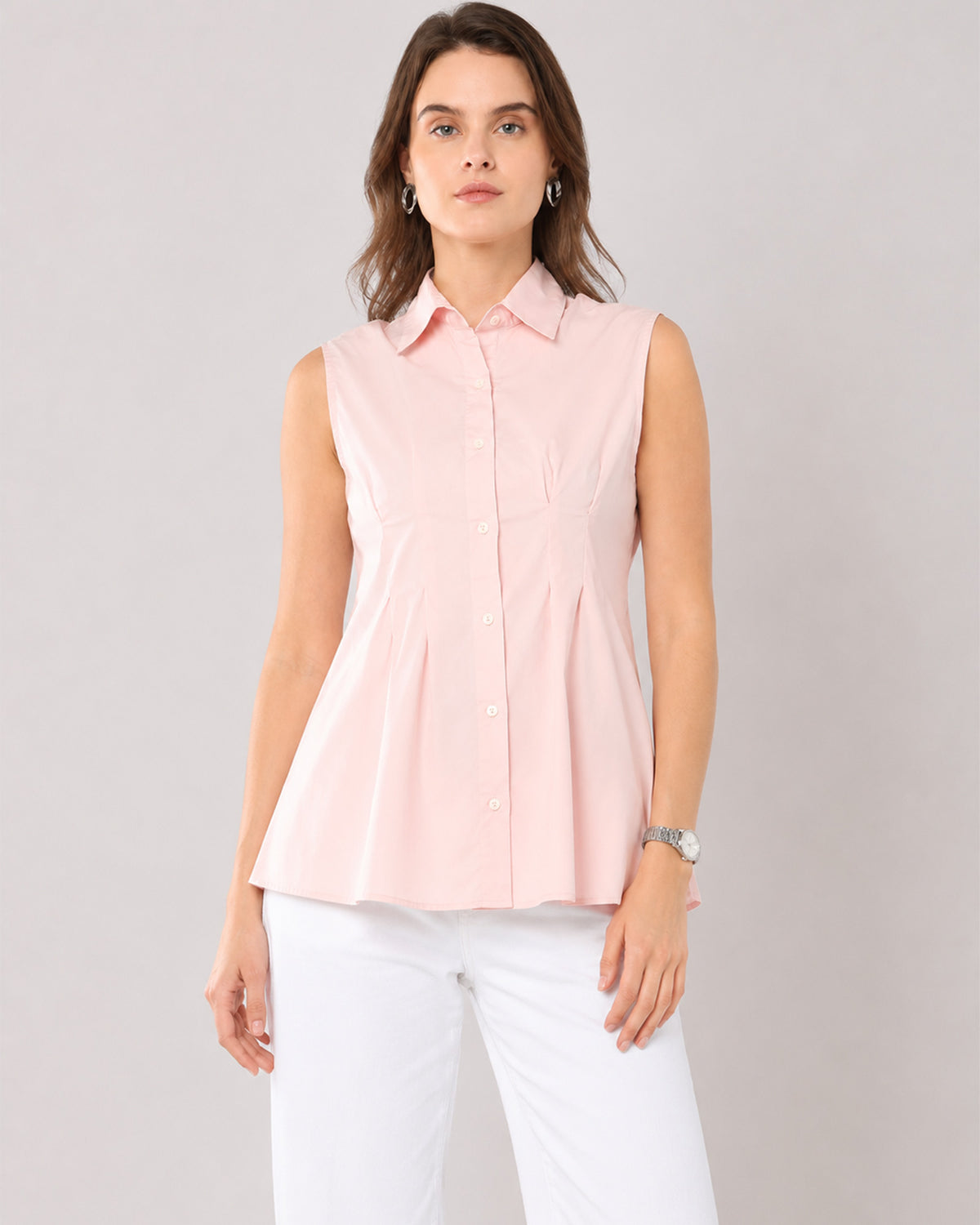 Amelia baby pink cotton poplin shirt waist up front with the tailored waist darts