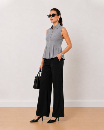 Amora black and white striped 100% cotton twill sleeveless shirt, angled front view