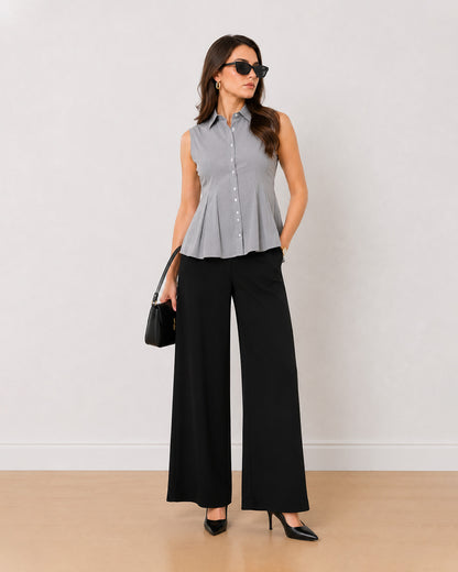 Amora striped sleeveless cotton twill shirt, angled view with the tailored fit