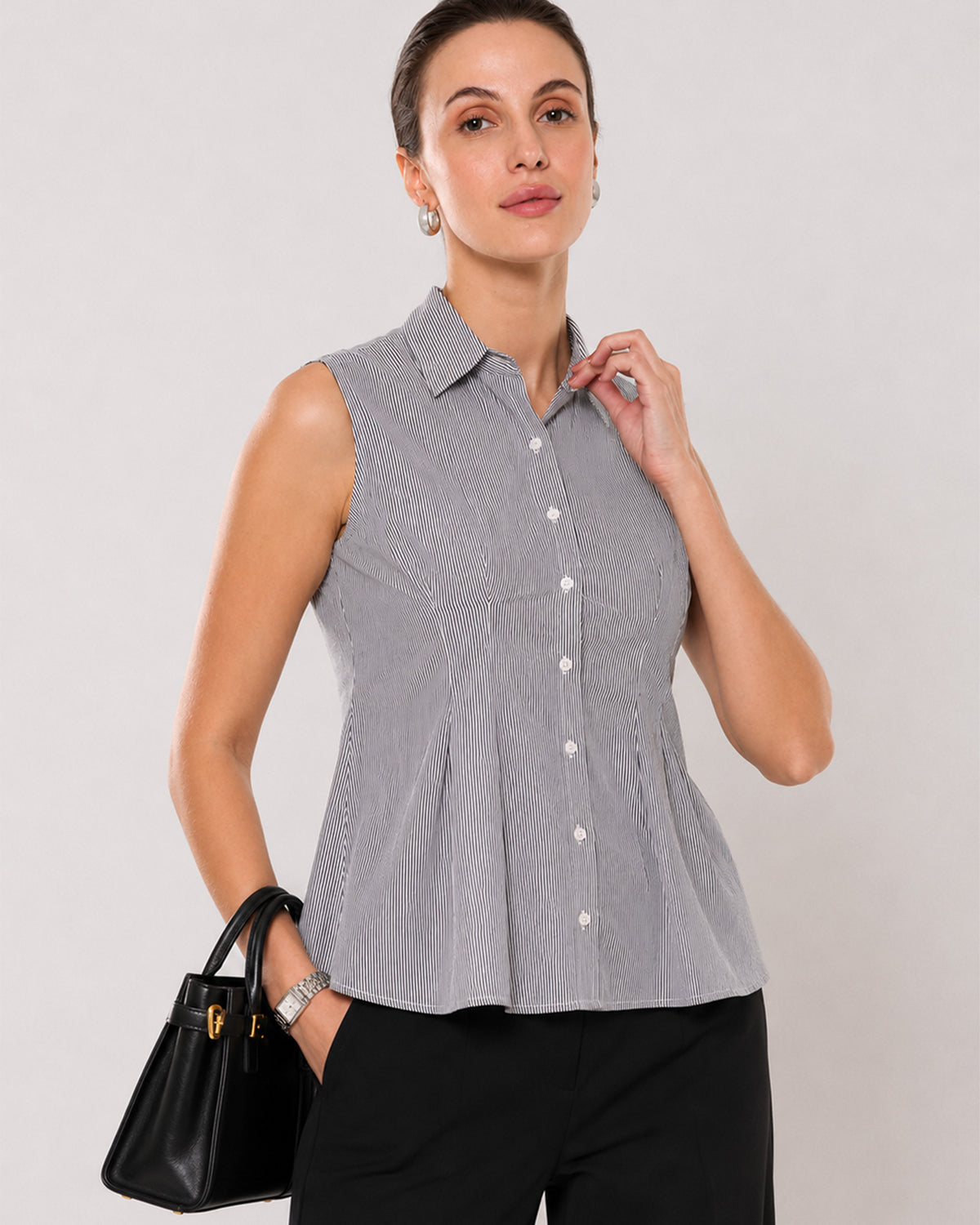 Amora striped sleeveless cotton shirt collar and placket, hidden dignity buttons