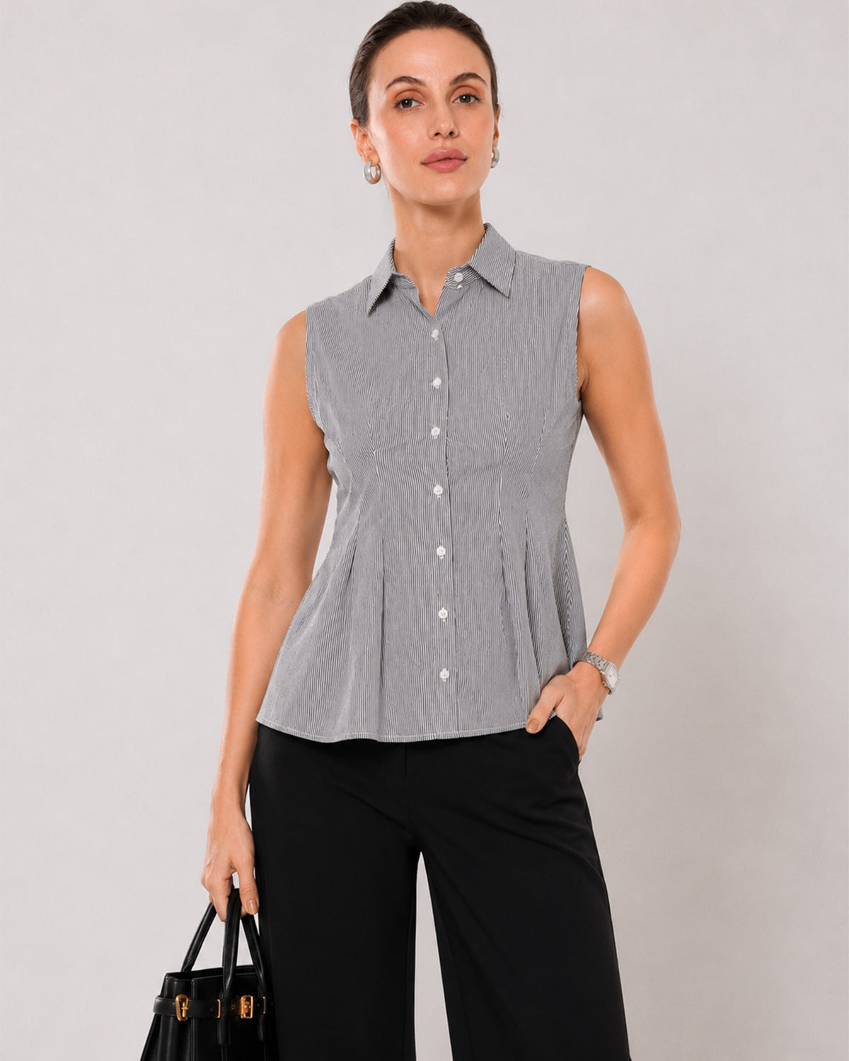 Amora striped cotton twill shirt waist up front with the tailored waist darts