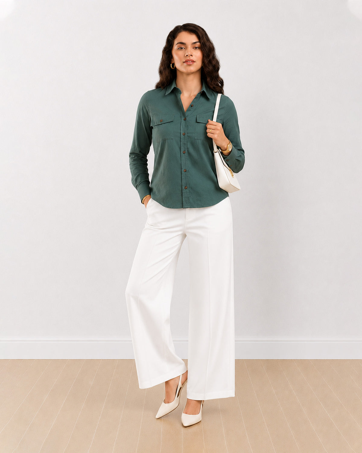 Analia bottle green 100% cotton mini cord corduroy shirt, angled front view