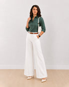 Analia bottle green cotton corduroy shirt front view with the rolled up sleeves