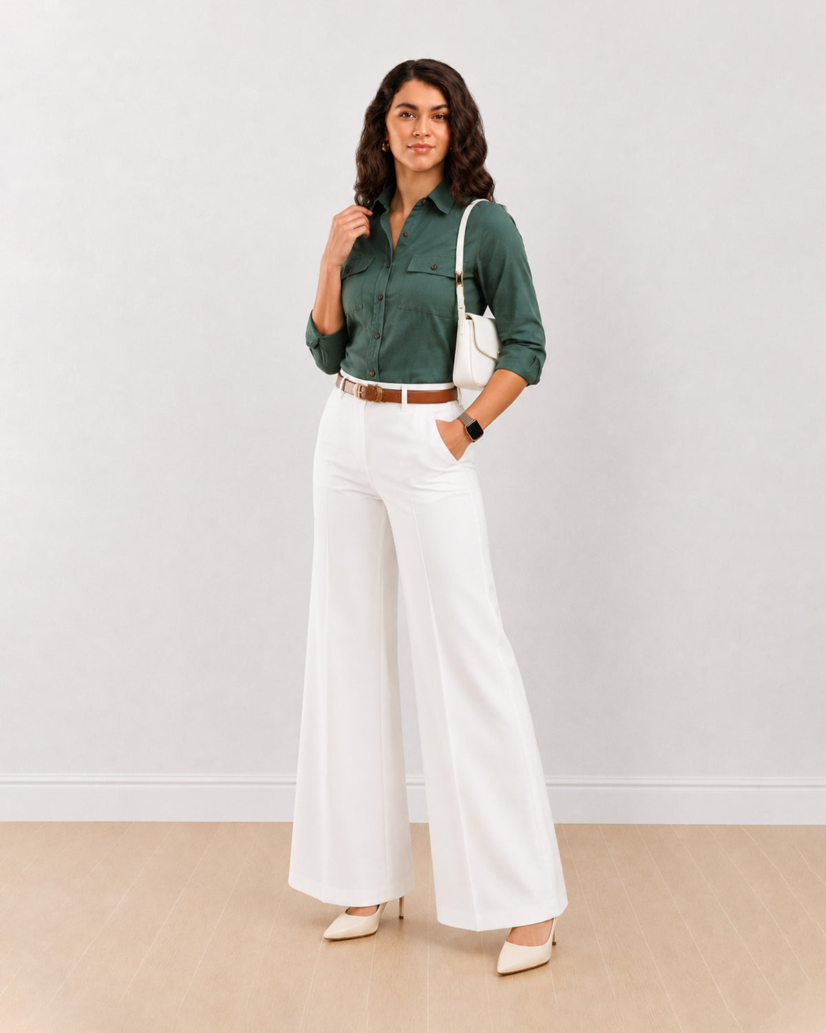 Analia bottle green cotton corduroy shirt front view with the rolled up sleeves